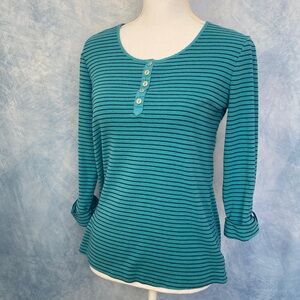 🍀2for$25🍀 Croft & Barrow Teal & Navy Striped 3/4 Sleeve Tee Button Accent Soft